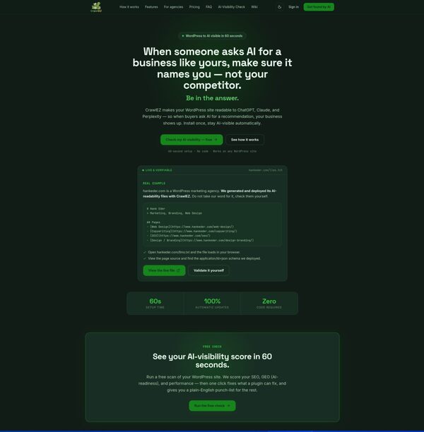 CrawlEZ — An AI visibility app for WordPress, built with Platfrmr by Hank Eder